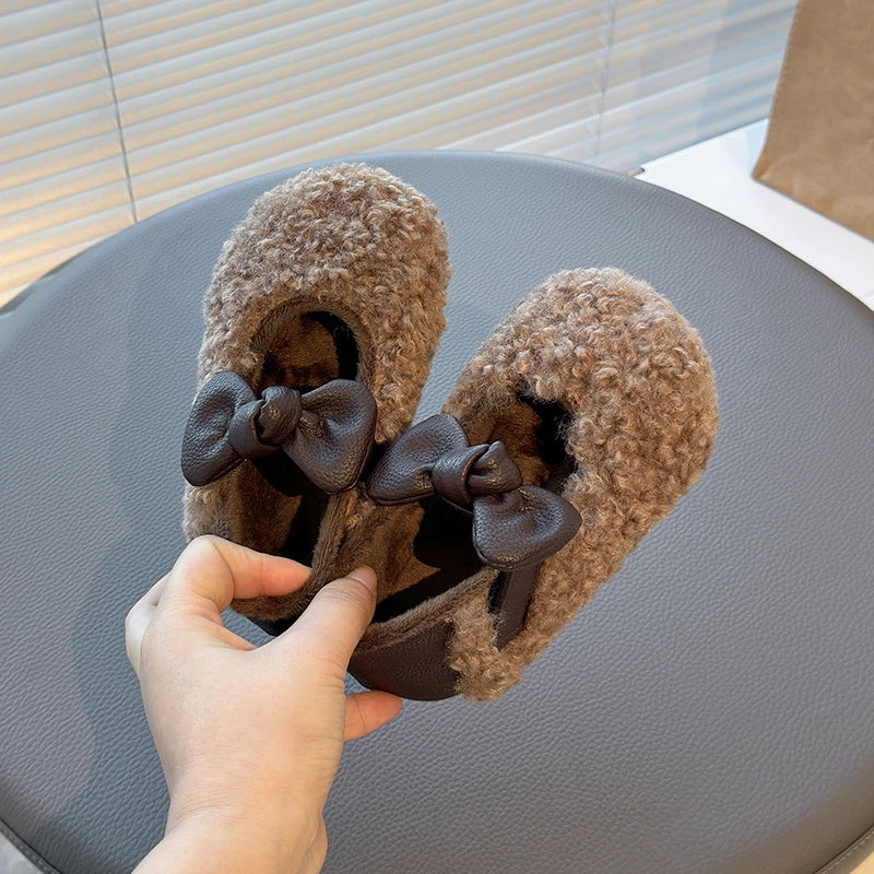 Khaki / 23 Girls' Fluffy Winter Flats with Leather Bow