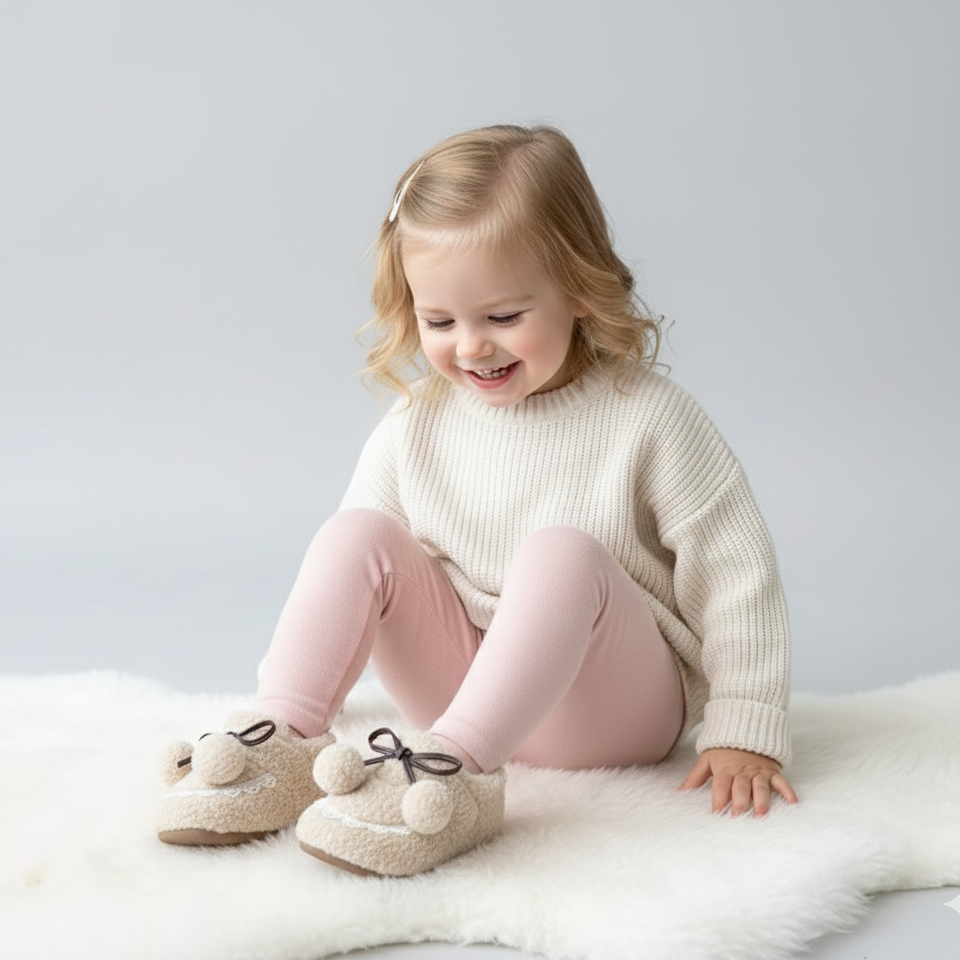 Girls' Fluffy Winter Flats with Pompoms