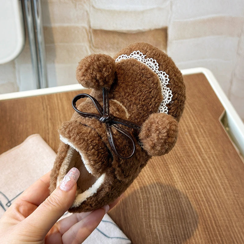 Girls' Fluffy Winter Flats with Pompoms