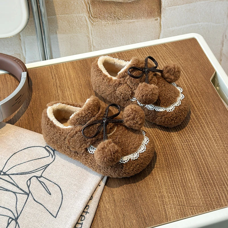 Camel / 22 Girls' Fluffy Winter Flats with Pompoms