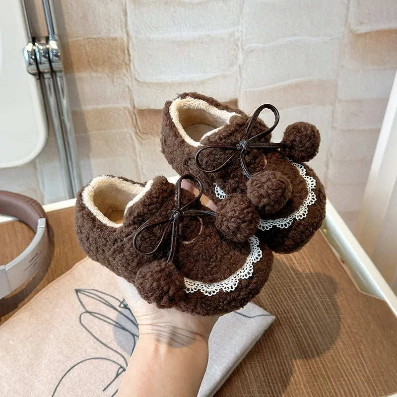 Coffee / 22 Girls' Fluffy Winter Flats with Pompoms
