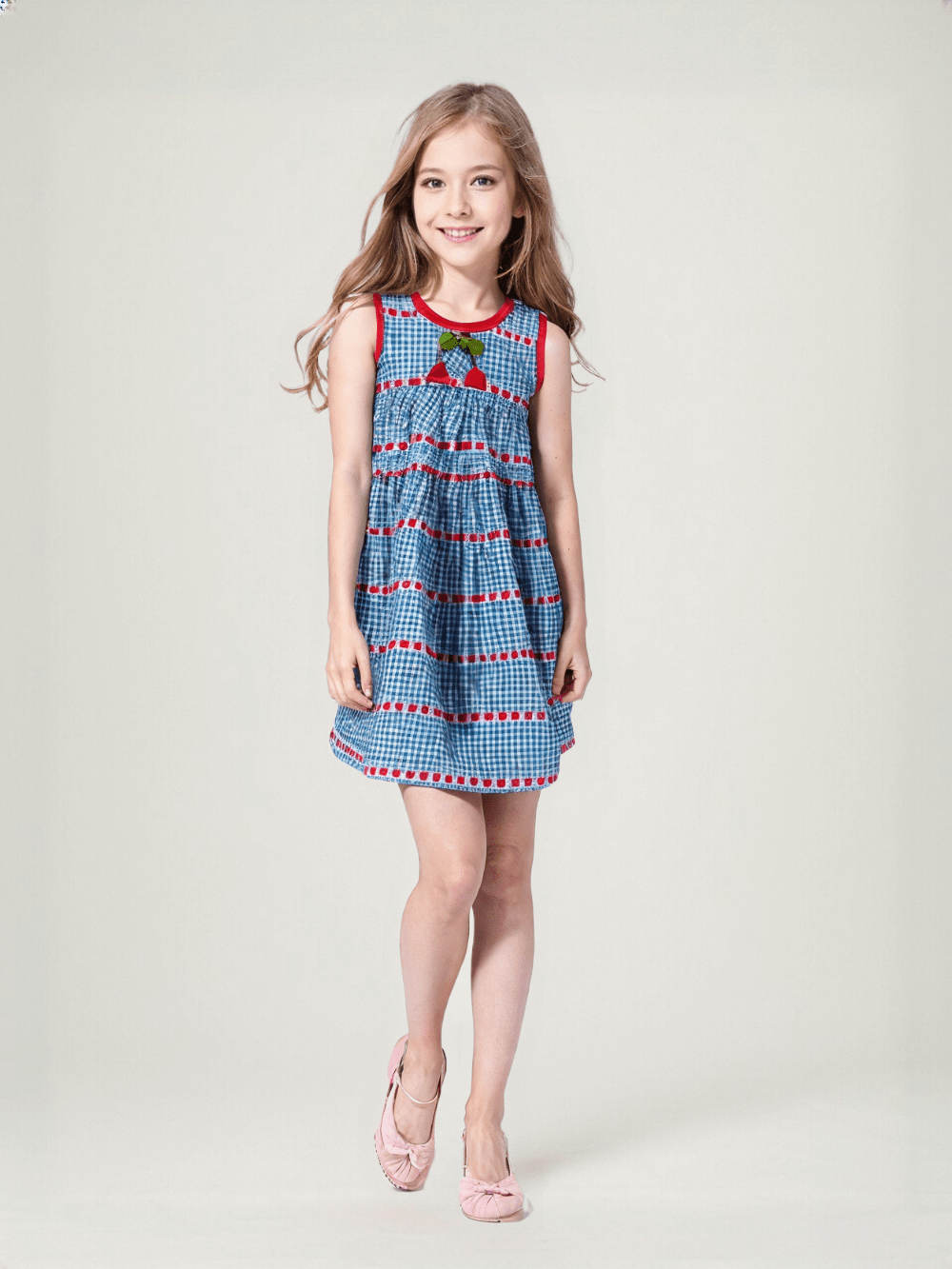 Girls Gingham Cherry Dress