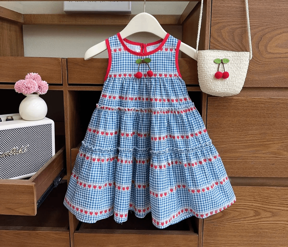 Girls Gingham Cherry Dress