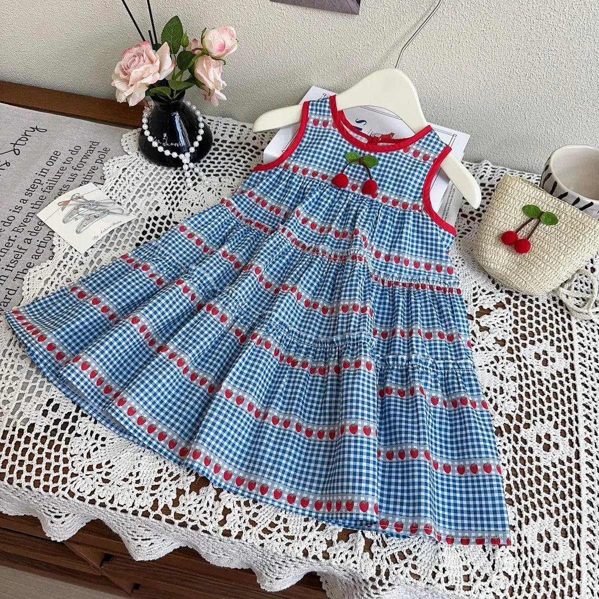 Blue (straw bag not included) / 4T Girls Gingham Cherry Dress