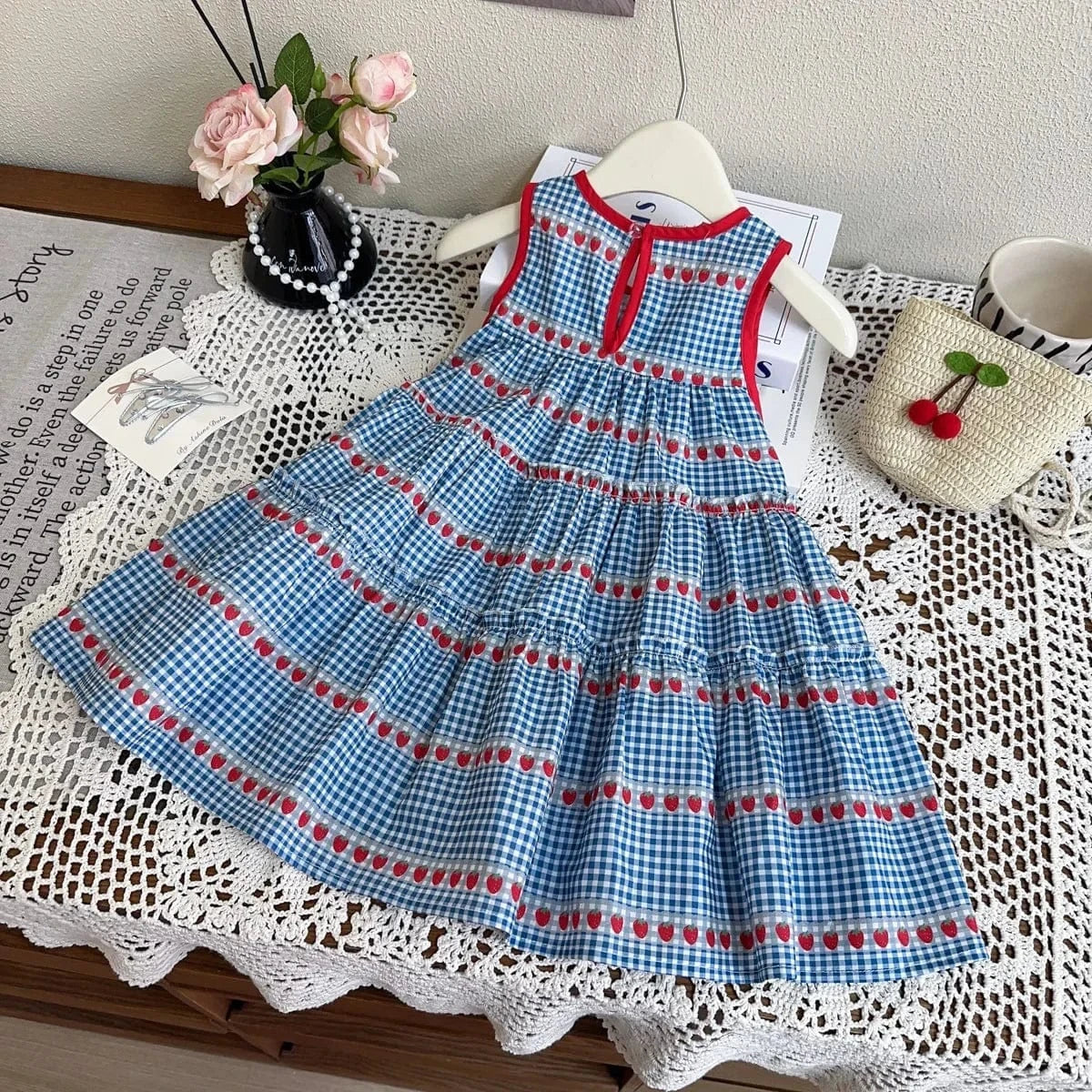 Girls Gingham Cherry Dress, Blue (straw bag not included) / 5T Girls Gingham Cherry Dress, Blue (straw bag not included) / 5T