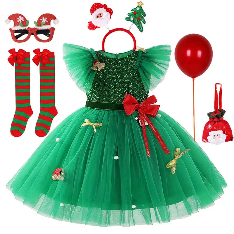 H Christmas Set / 2-3T Girls Green Snowflake Cake Dress