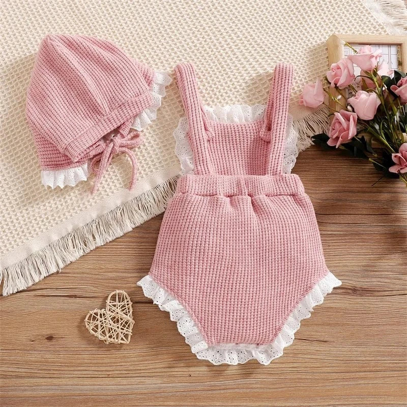 Girls Knitted Romper Set with Bonnet