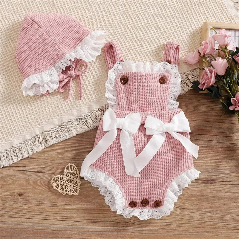 Pink / 0-3M Girls Knitted Romper Set with Bonnet