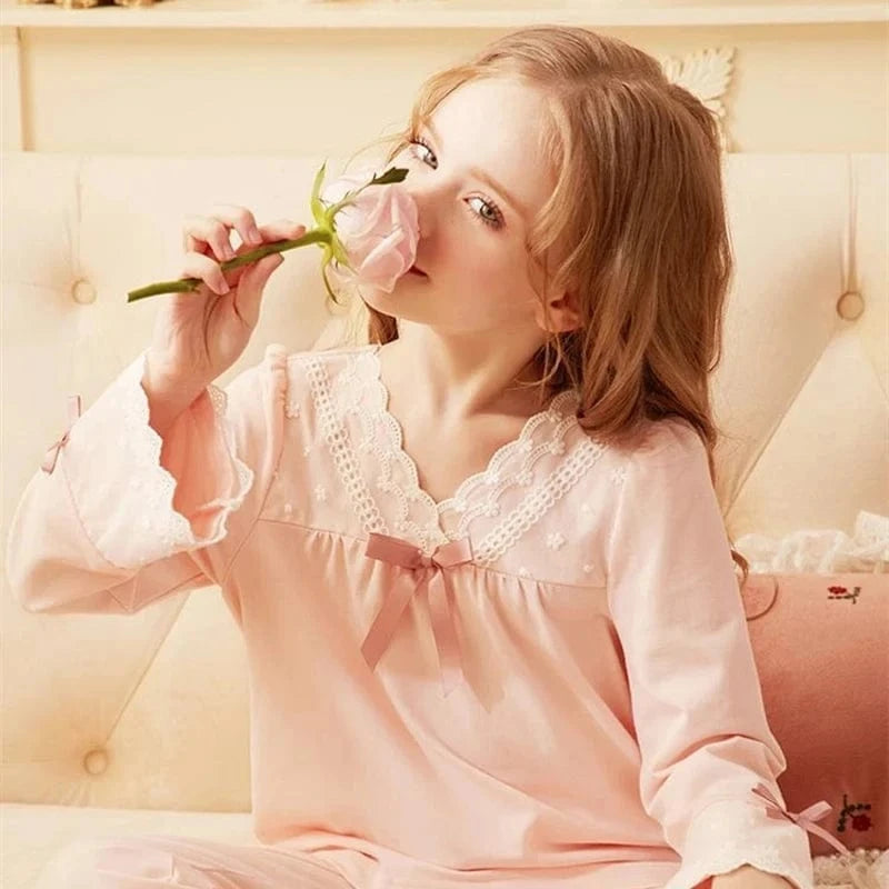 Girls Long Sleeve Lace Pajamas Set