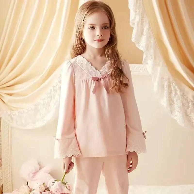 Pink / 6-8T Girls Long Sleeve Lace Pajamas Set
