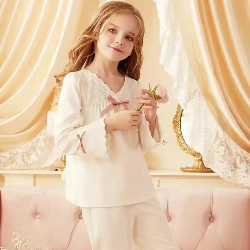 White / 3-6T Girls Long Sleeve Lace Pajamas Set