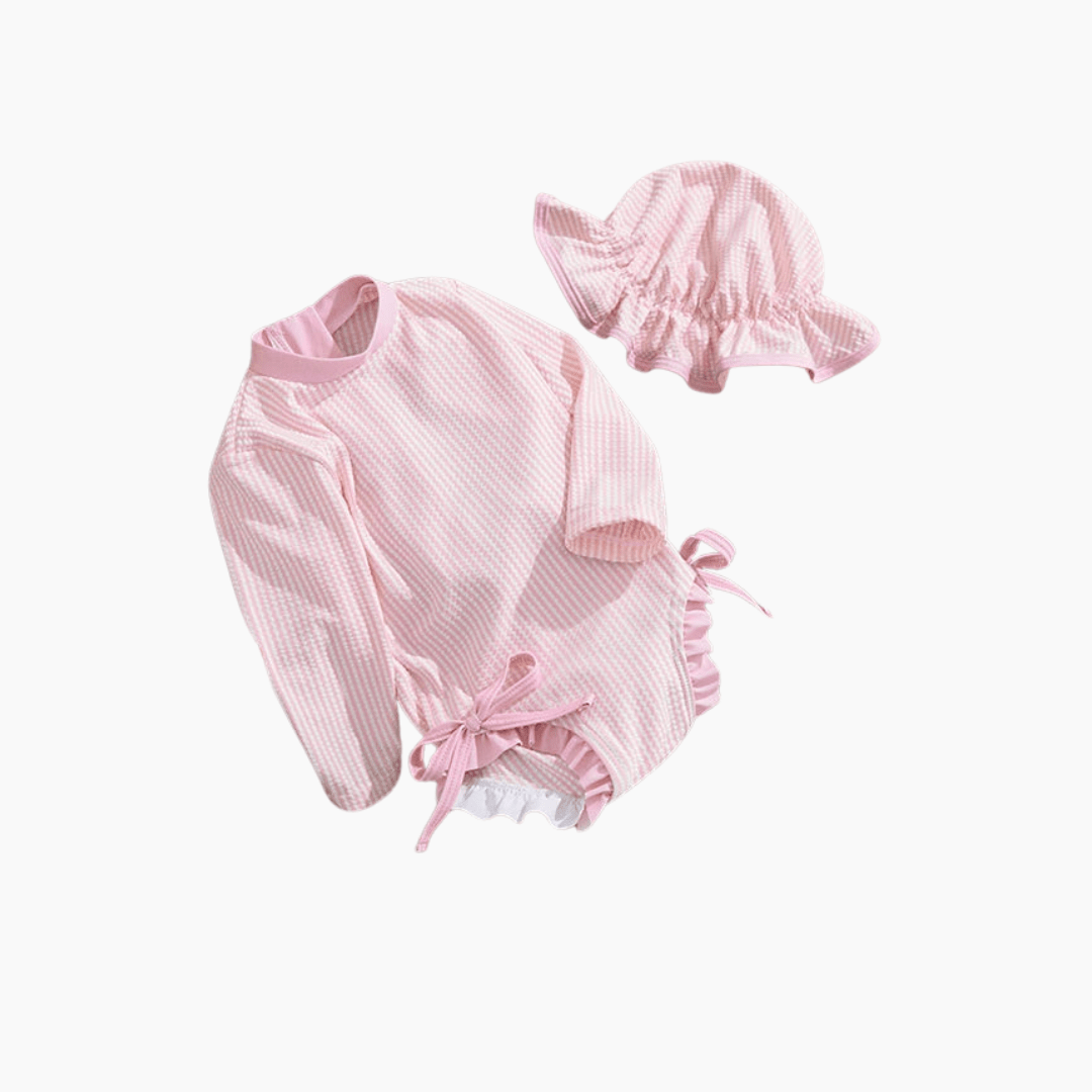 Girls Long Sleeve Striped Swimsuit with Hat