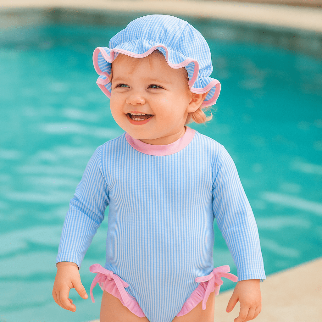 Girls Long Sleeve Striped Swimsuit with Hat