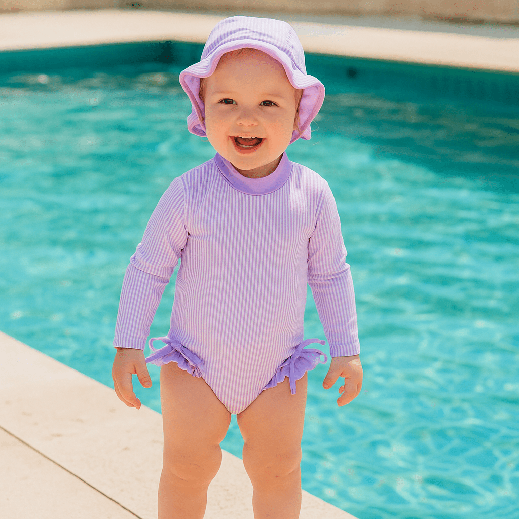 Girls Long Sleeve Striped Swimsuit with Hat