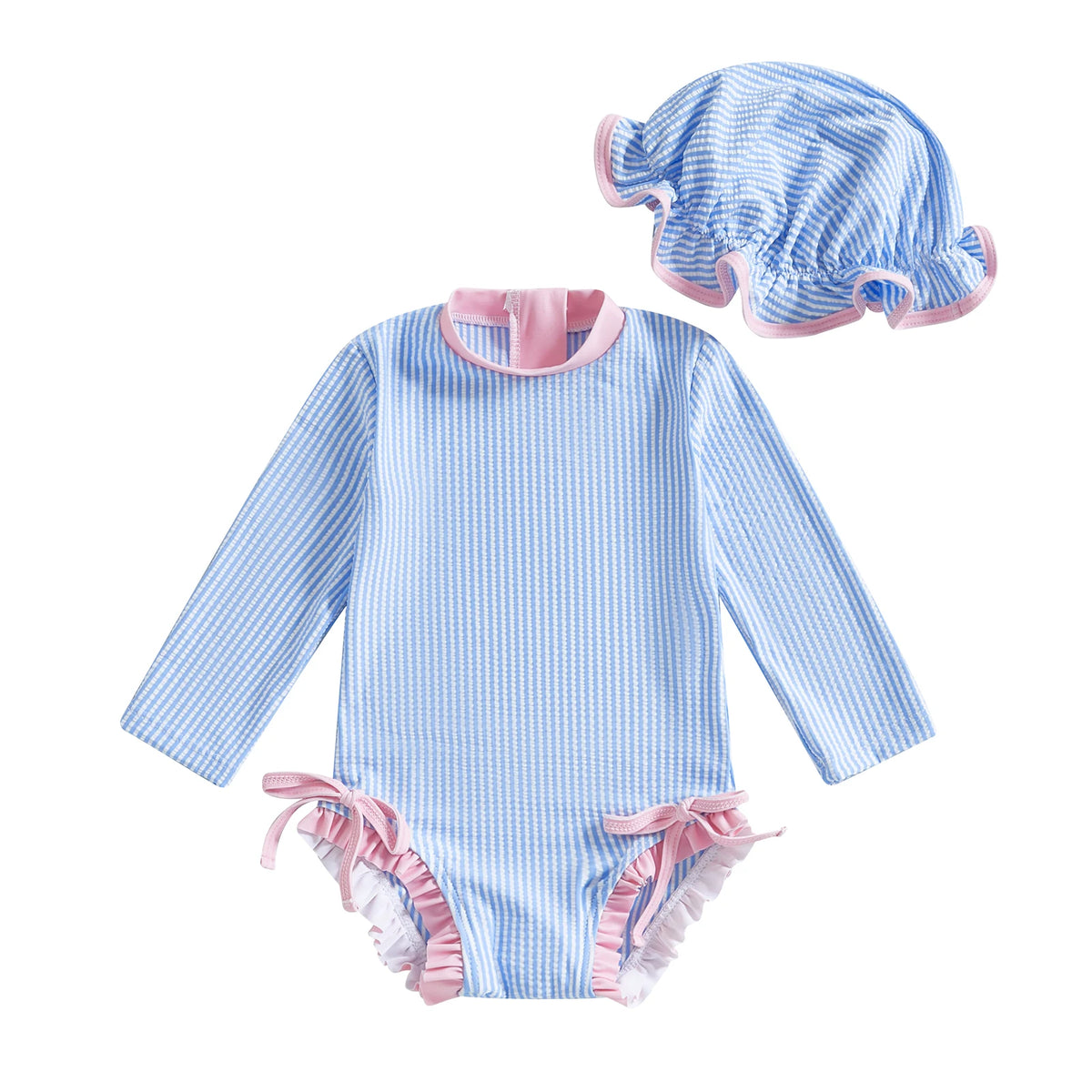 Blue / 0-3M Girls Long Sleeve Striped Swimsuit with Hat