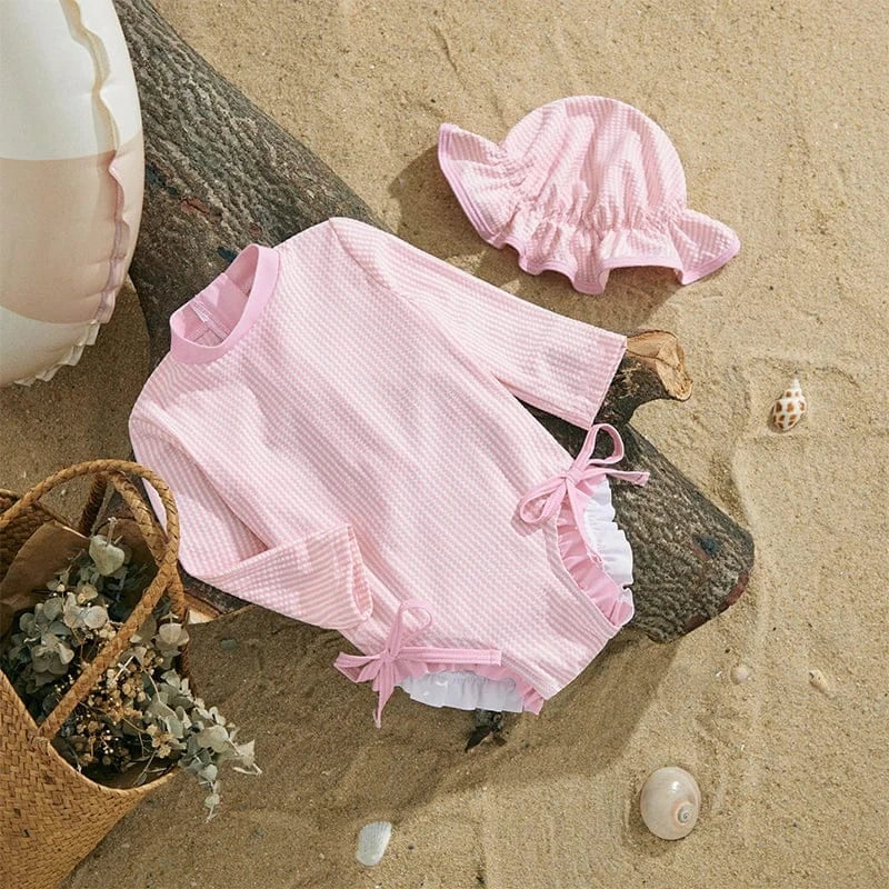 Girls Long Sleeve Striped Swimsuit with Hat