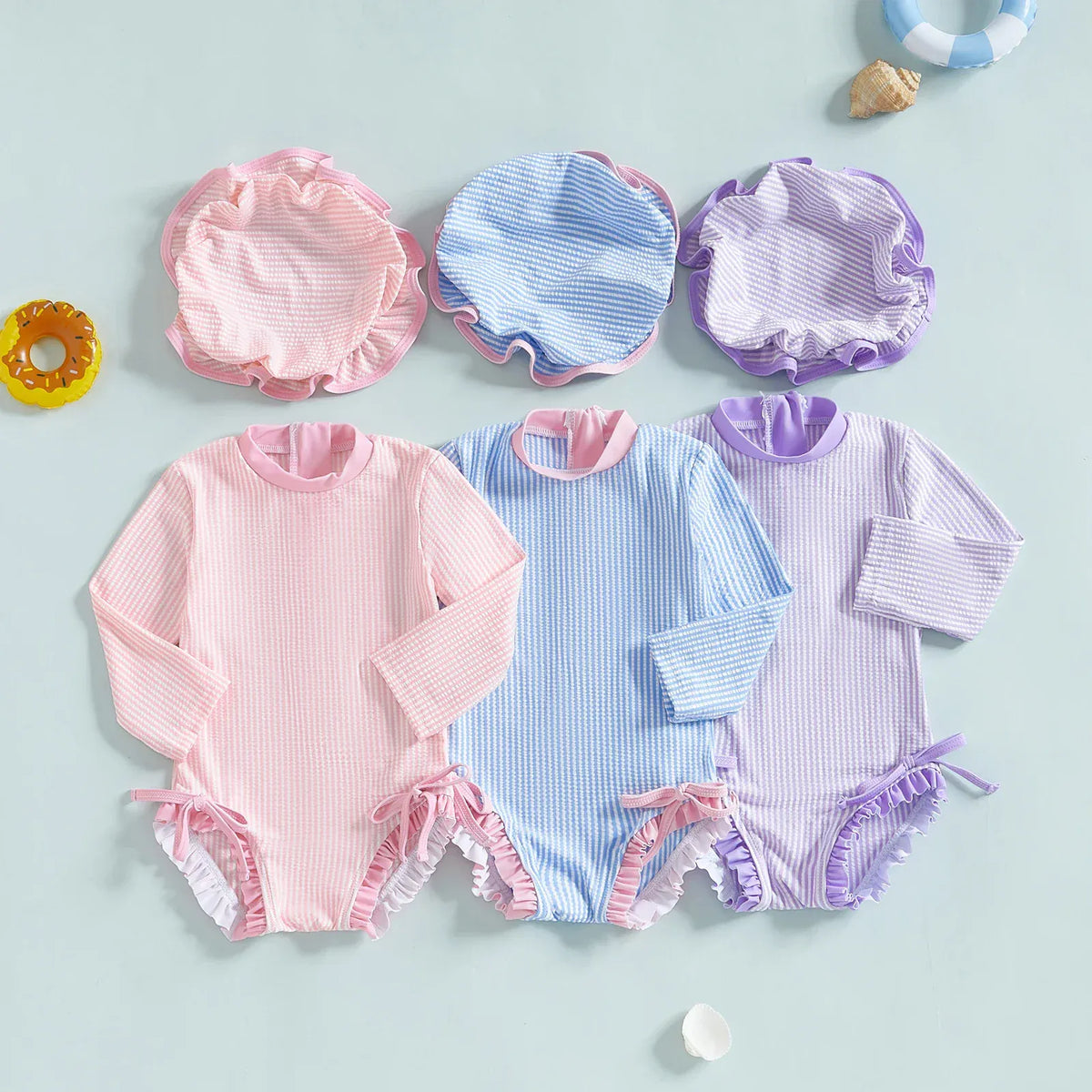 Girls Long Sleeve Striped Swimsuit with Hat