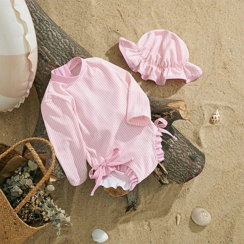 Girls Long Sleeve Striped Swimsuit with Hat