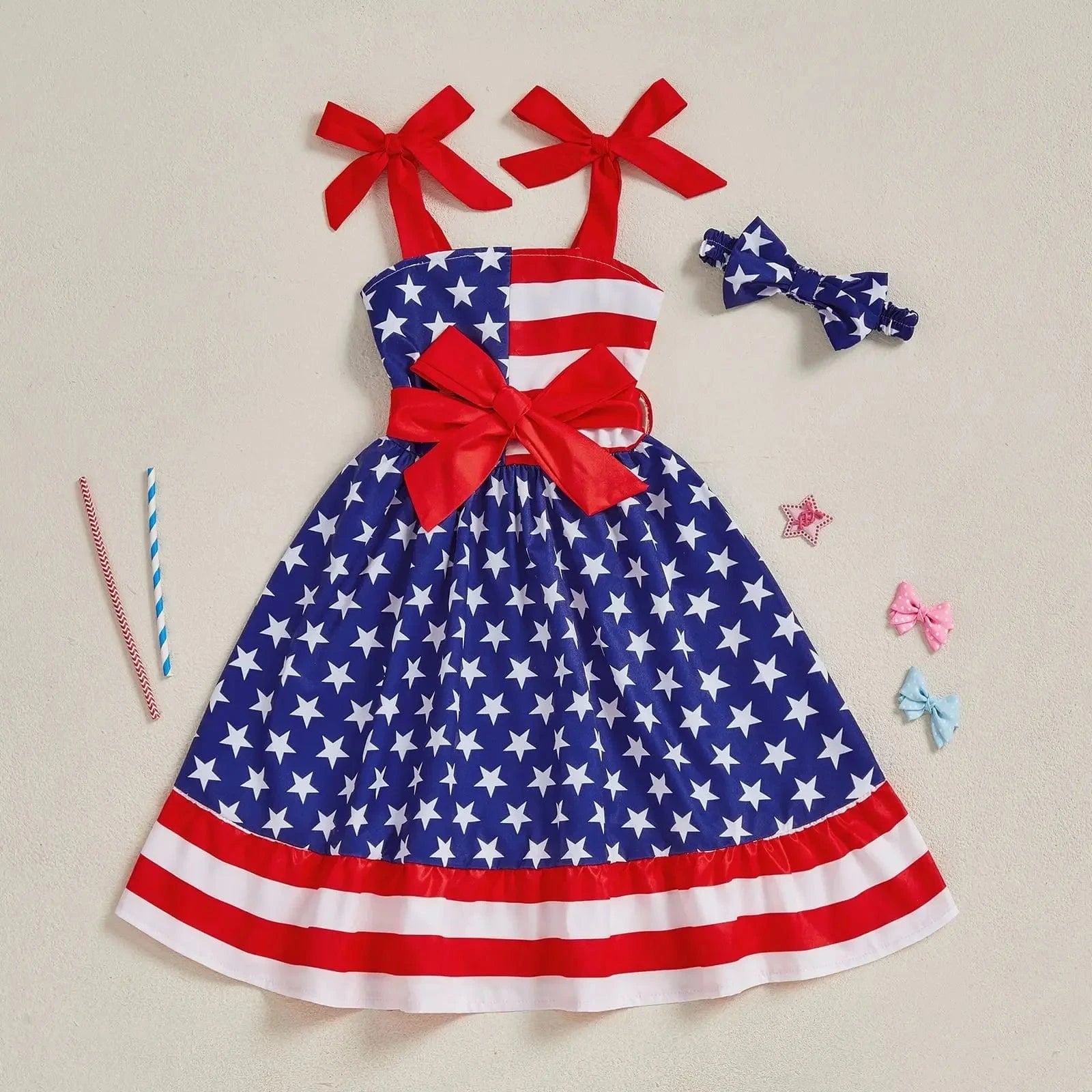 Girls Patriotic Stars and Stripes Dress with Bow Dress, 3-4T / Blue