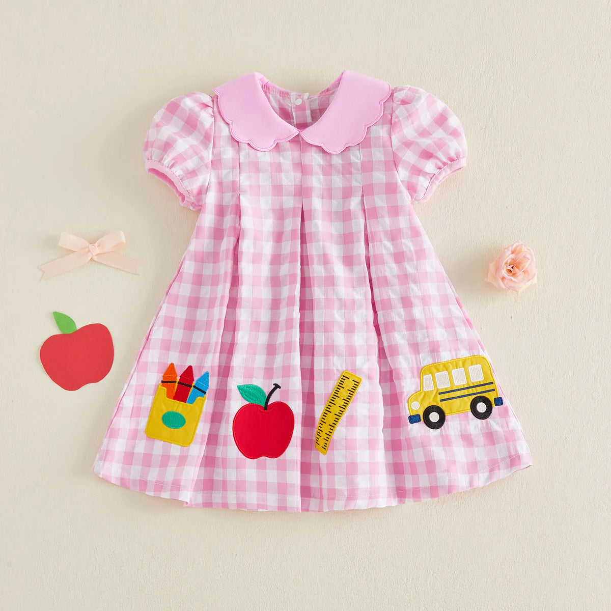 18M-2T Girls Pink Plaid School Appliqué Puff Sleeve A-Line Dress