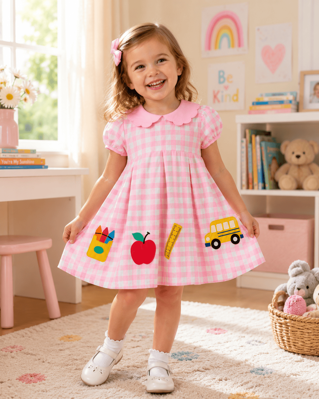 Girls Pink Plaid School Appliqué Puff Sleeve A-Line Dress