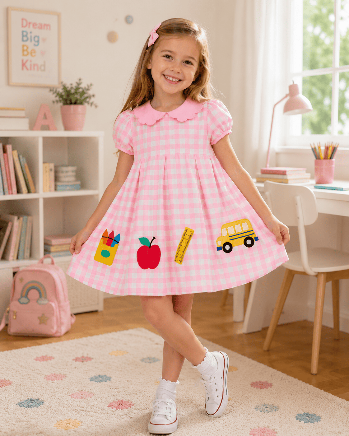 Girls Pink Plaid School Appliqué Puff Sleeve A-Line Dress