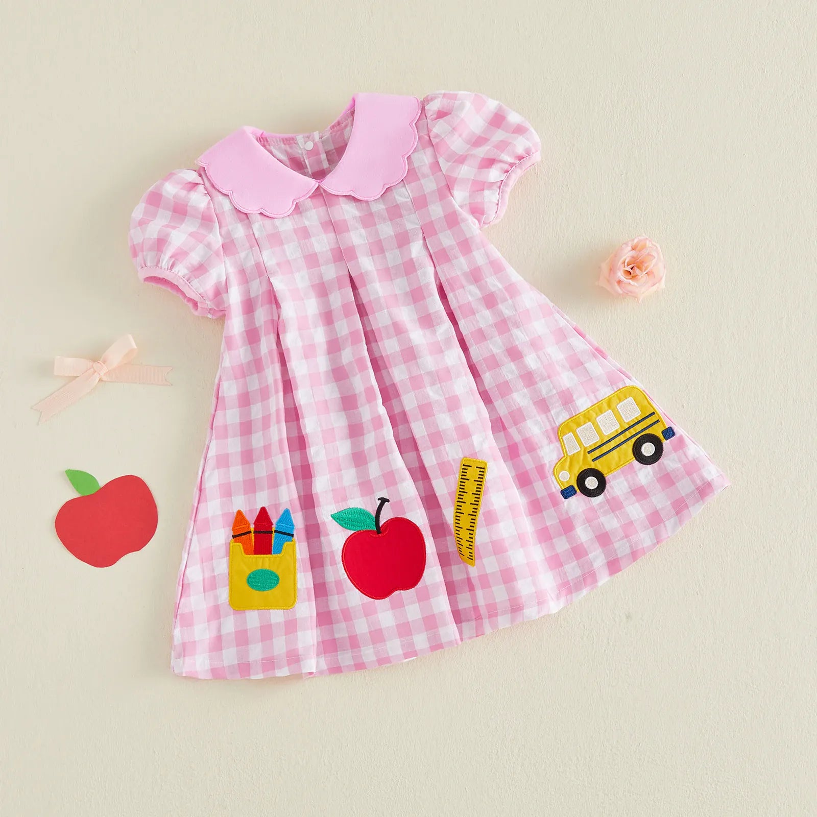 Girls Pink Plaid School Appliqué Puff Sleeve A-Line Dress