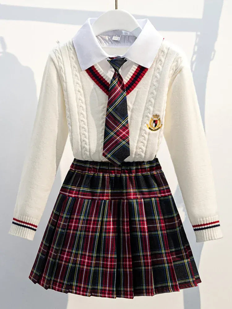white Caridgan Set / 3-4T Girls’ Preppy School Uniform Set