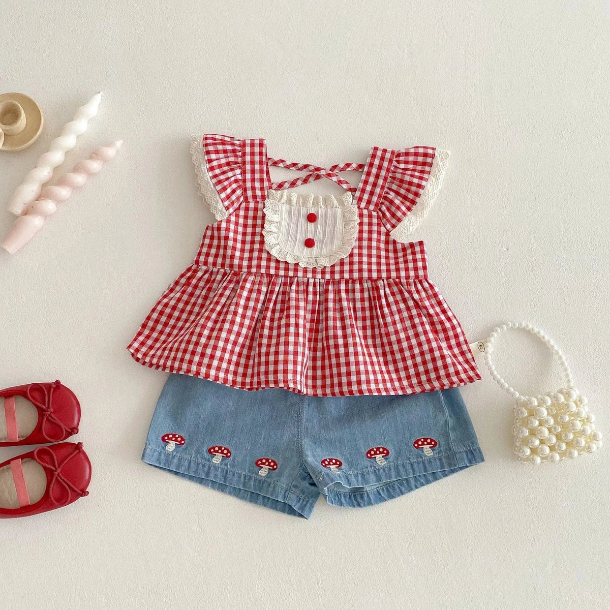 Set (Top and shorts) / 9M Girls Red Gingham Top and Denim Shorts Set
