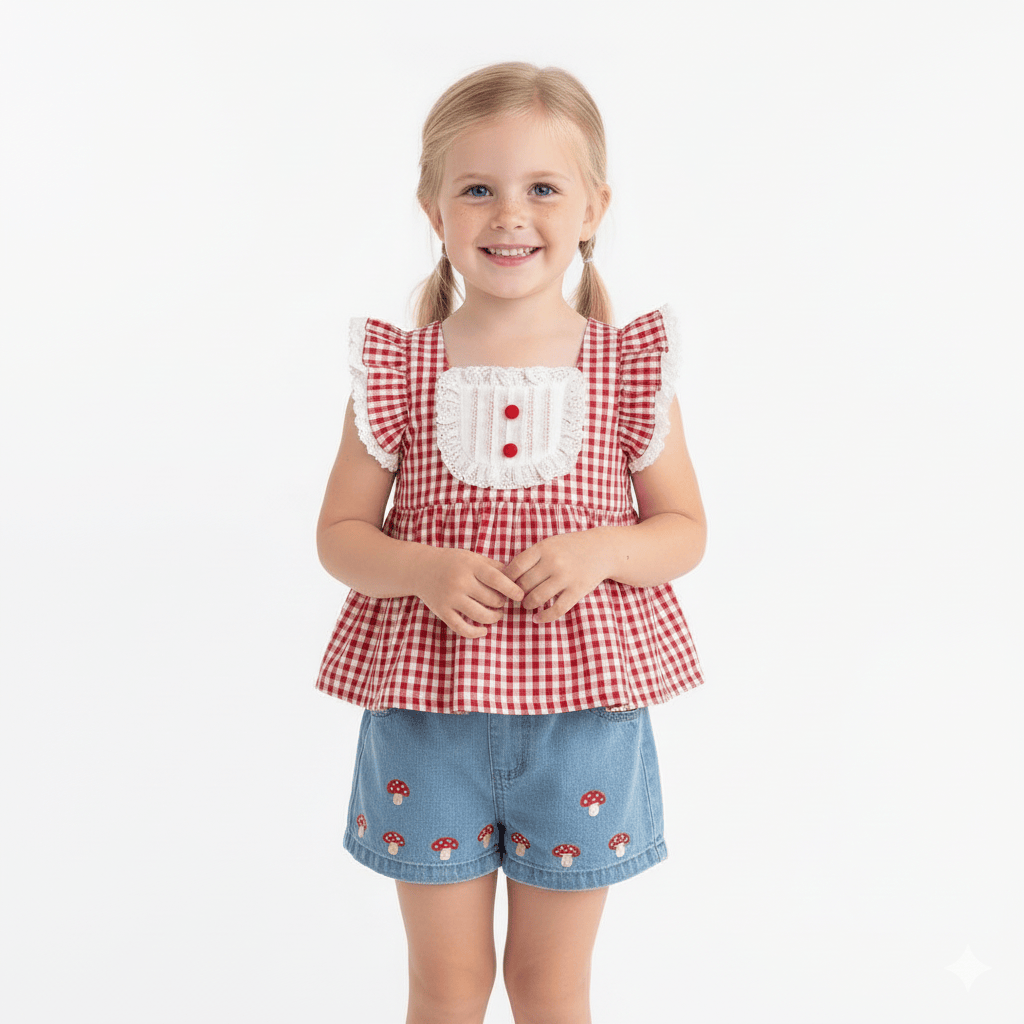 Girls Red Gingham Top and Denim Shorts Set