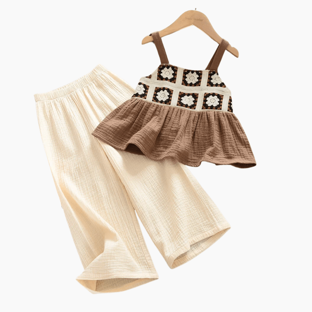 Girls Retro Plaid Top and Beige Pants Set
