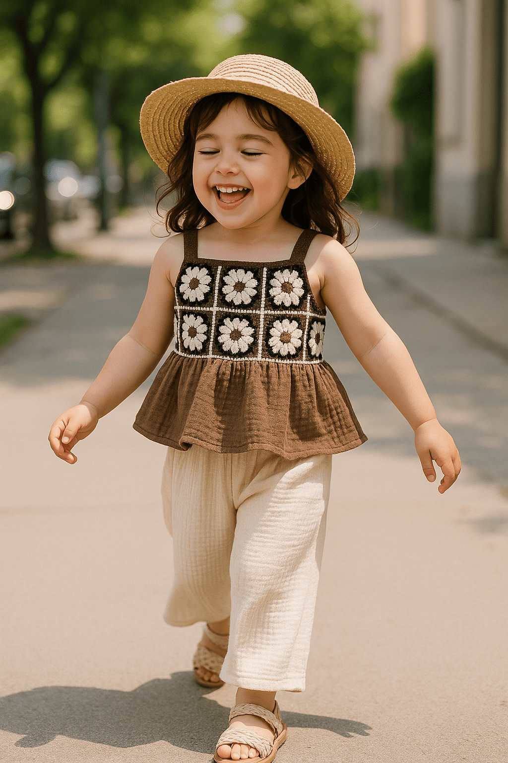 Girls Retro Plaid Top and Beige Pants Set