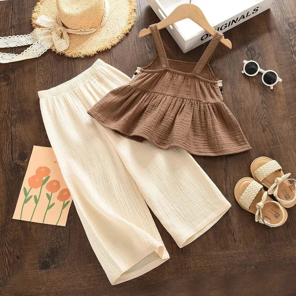 Girls Retro Plaid Top and Beige Pants Set