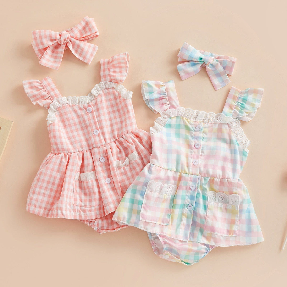 Girls Romper Plaid Lace Ruffle