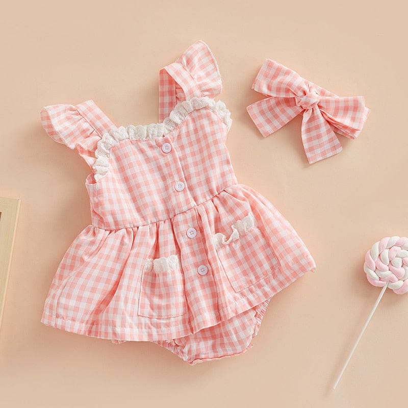 Girls Romper Plaid Lace Ruffle