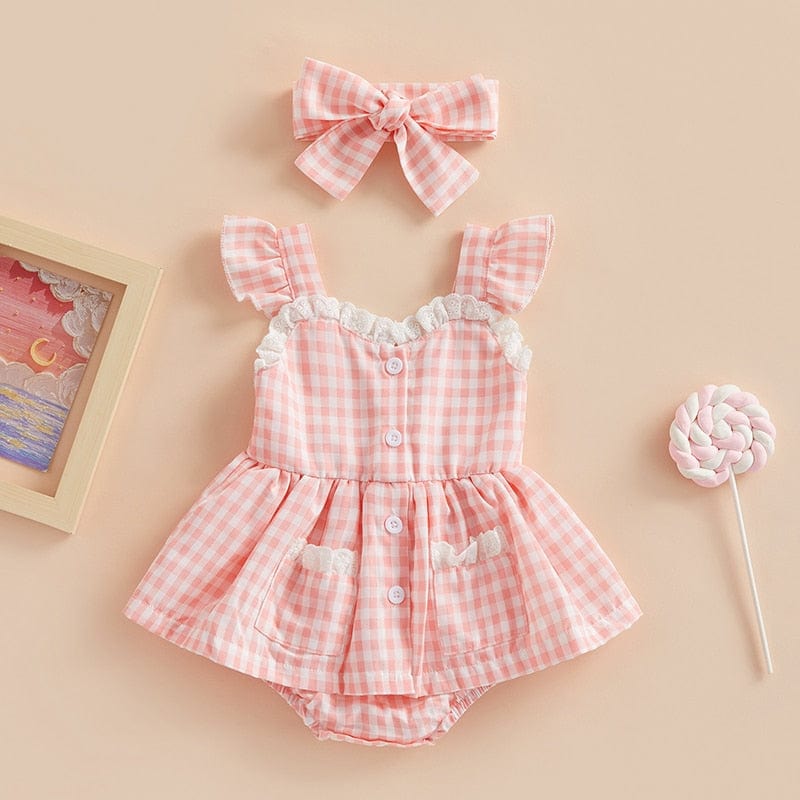 Girls Romper Plaid Lace Ruffle