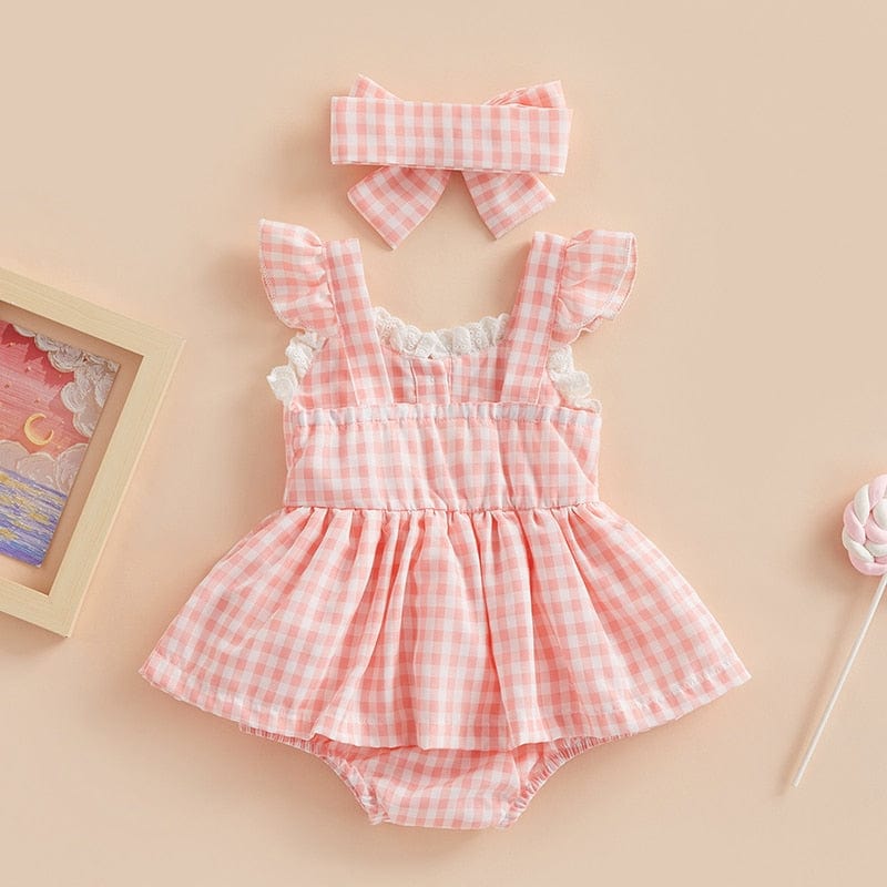 Girls Romper Plaid Lace Ruffle