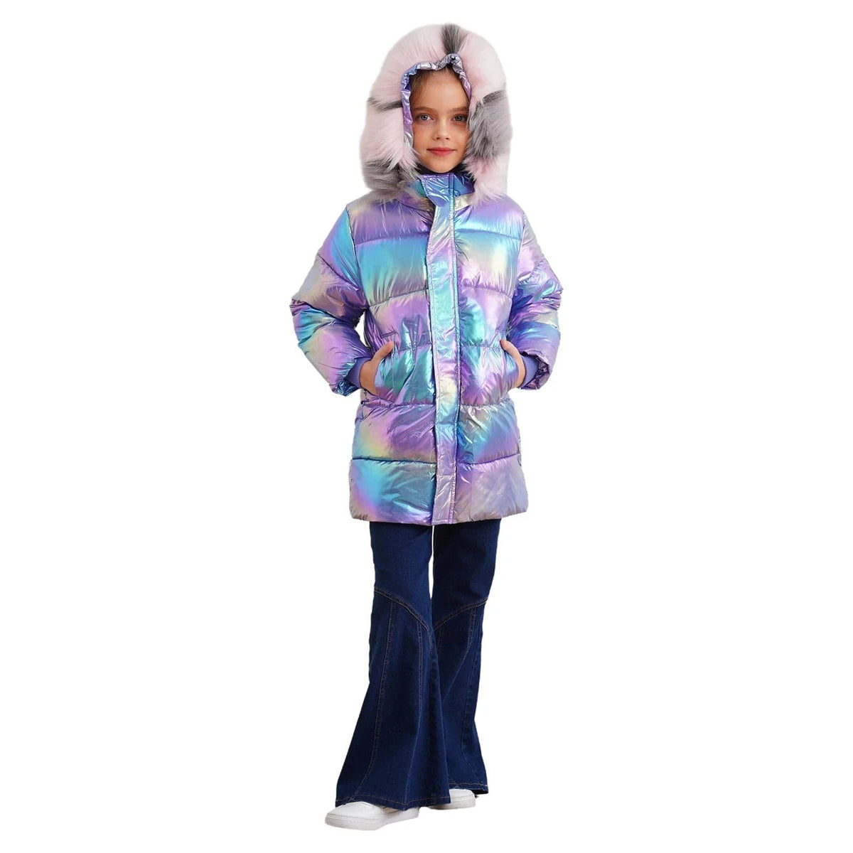 Girls Shiny Metallic Puffer Coat
