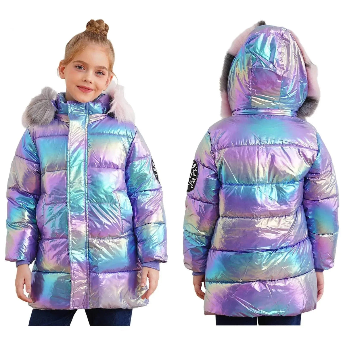 Girls Shiny Metallic Puffer Coat