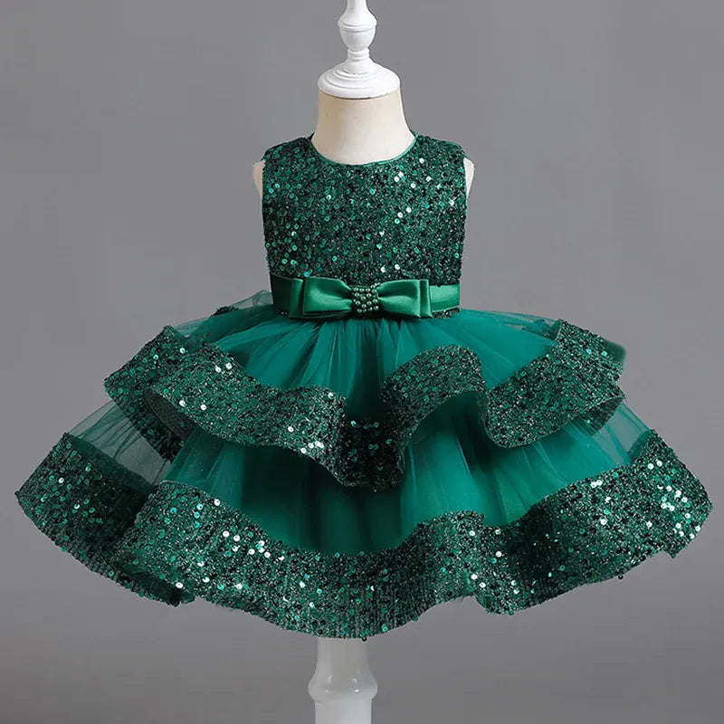 Green / 12M Girls' Sleeveless Sequin & Mesh Party Dress