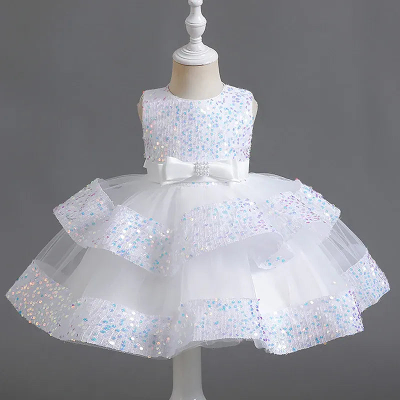 White / 12M Girls' Sleeveless Sequin &amp; Mesh Party Dress