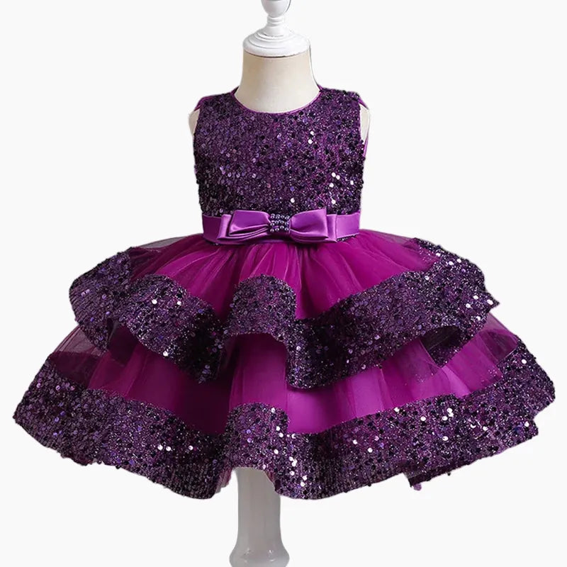 Purple / 12M Girls' Sleeveless Sequin & Mesh Party Dress