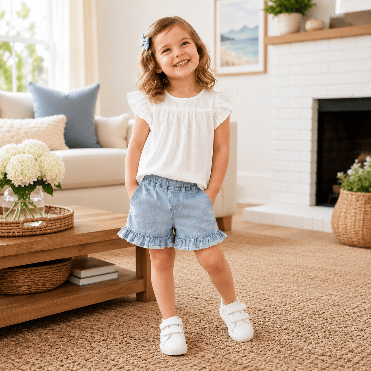 Girls Solid Ruffle Hem Elastic Waist Shorts