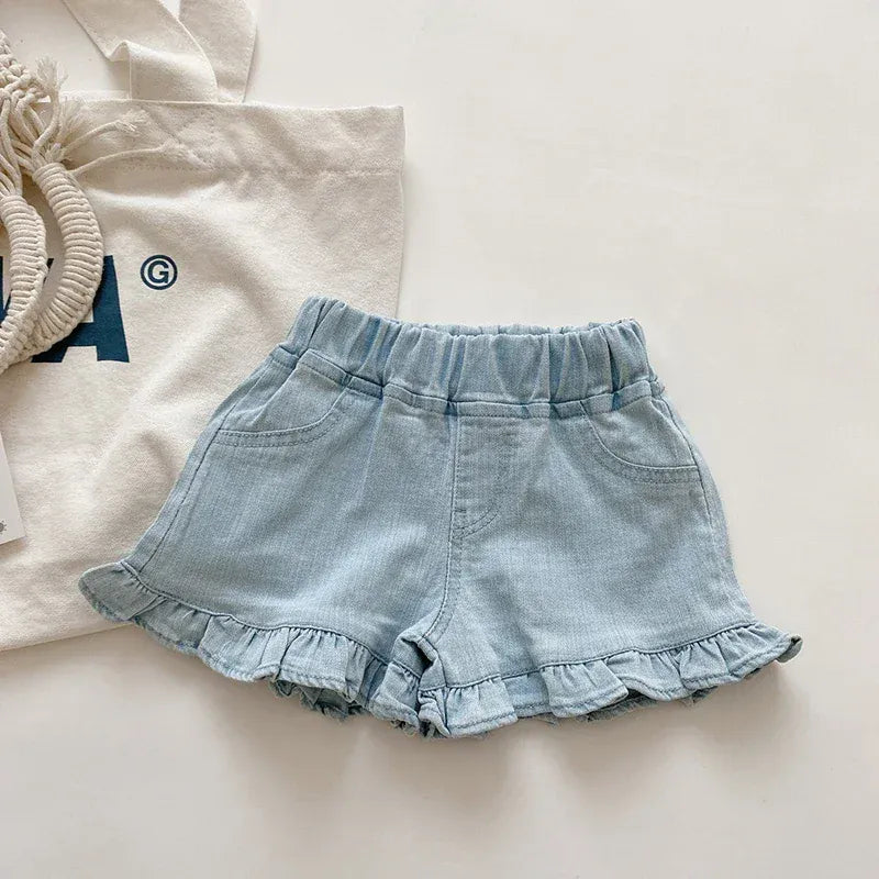 Blue / 2T Girls Solid Ruffle Hem Elastic Waist Shorts
