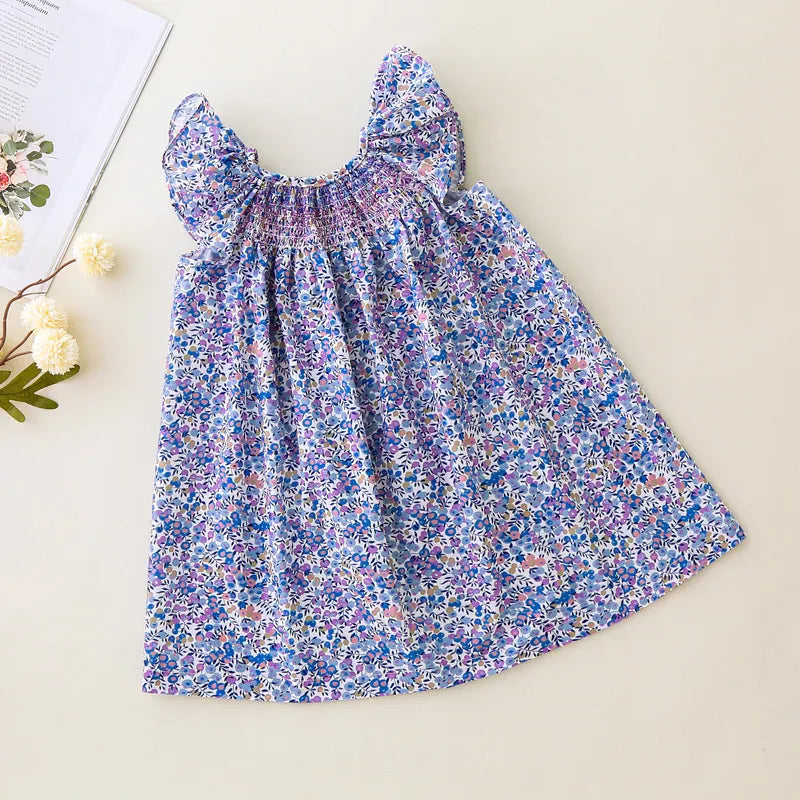 Purple / 12M Girls' Summer Smocked Floral Dress with Ruffle Sleeves