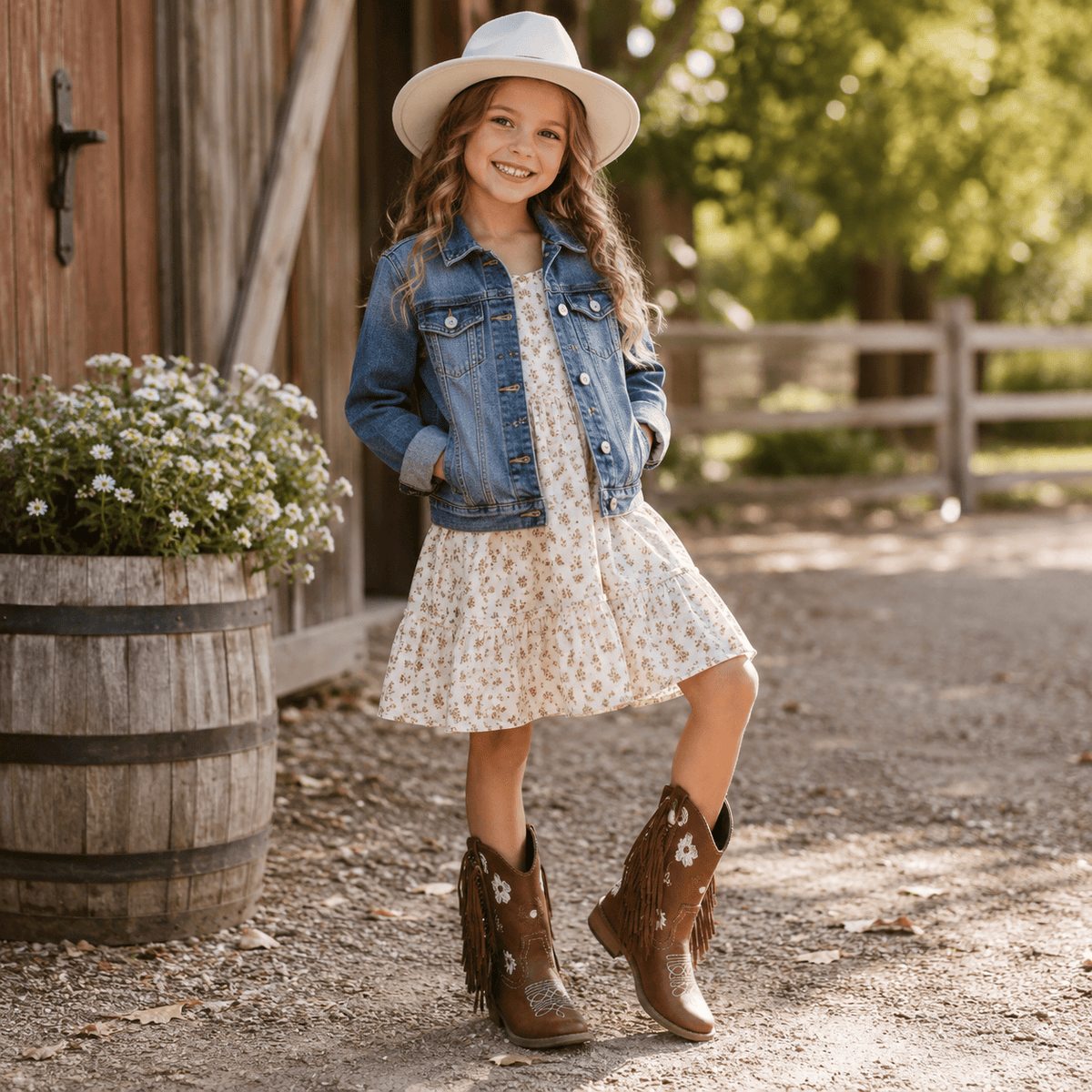 Girls Tassel Embroidered Riding Boots Chunky Heel Brown