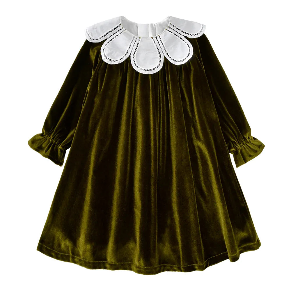 Olive Green / 12-24M Girls' Velvet Party Dress with Statement Collar