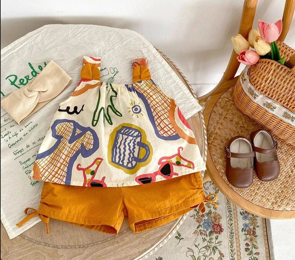 Graffiti Tank Top+Versatile Solid Color Pleated Shorts