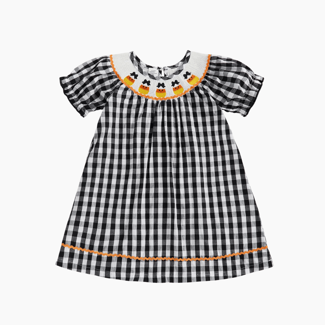 Halloween Plaid Dress with Candy Corn Embroidery