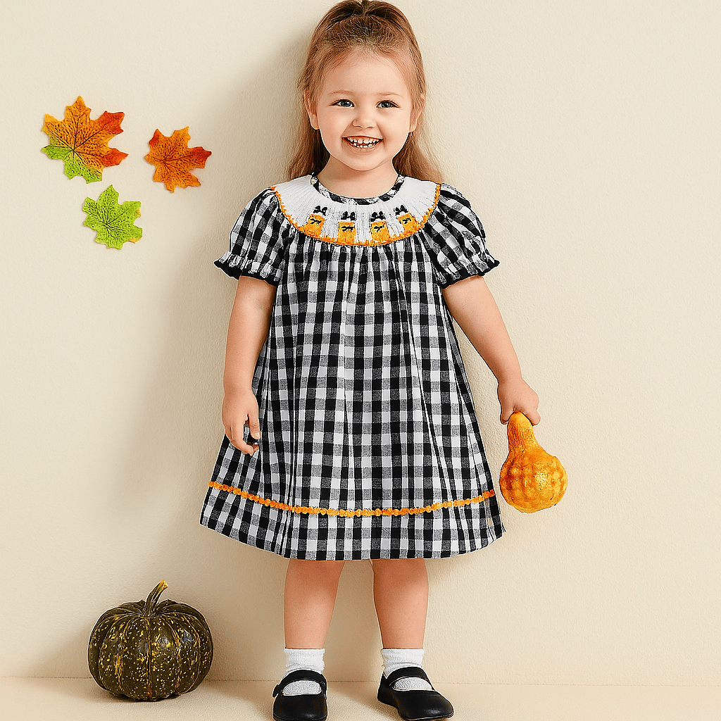 Halloween Plaid Dress with Candy Corn Embroidery